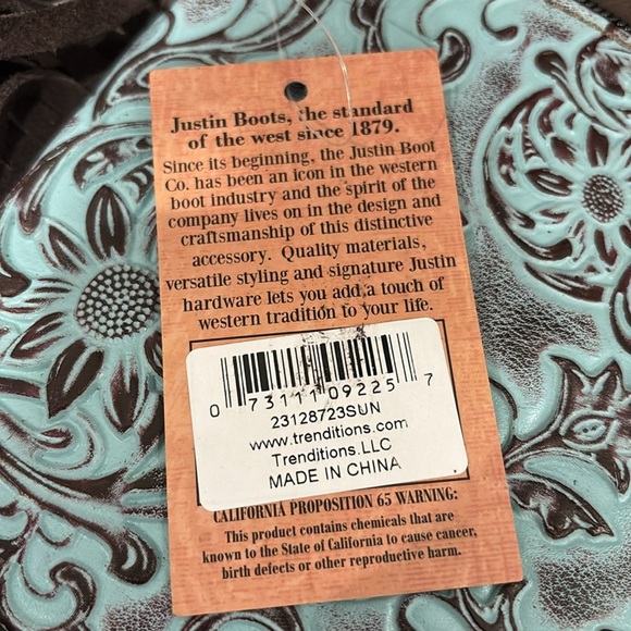 Justin Suede Look Fringe Tooled Sunflower,zip top,adjust/removable strap,pockets - Picture 8 of 10